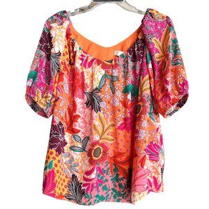 Loft Petite Patchwork Blooms Floral Sweetheart Neck Blouse Orange Multi Size SP
